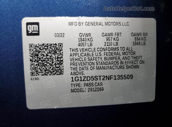 1G1ZD5ST2NF135509 2022 CHEVROLET MALIBU Синий Вид наклейки с VIN-кодом