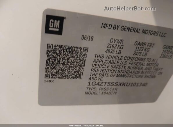 1G4ZT5SSXKU101340 2019 BUICK LACROSSE Белый Вид подкапотного пространства