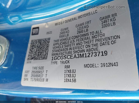 1GCGSCEA3M1273719 2021 CHEVROLET COLORADO Turquoise Vista del compartimento del motor