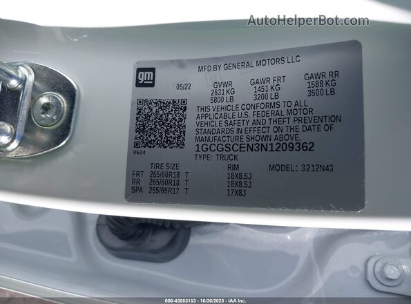 1GCGSCEN3N1209362 2022 CHEVROLET COLORADO Белый Вид подкапотного пространства