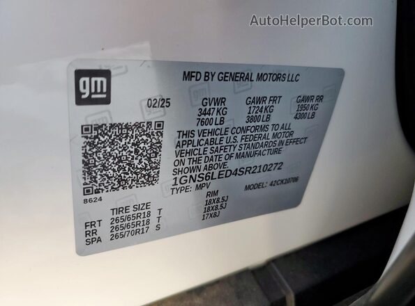1GNS6LED4SR210272 2025 CHEVROLET TAHOE White VIN კოდის სტიკერის ხედი