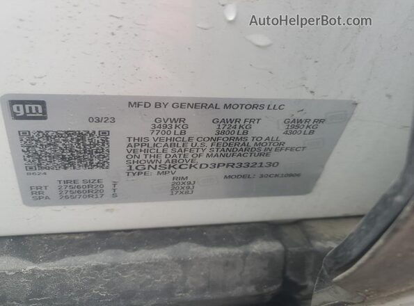 1GNSKCKD3PR332130 2023 CHEVROLET SUBURBAN Белый Вид наклейки с VIN-кодом