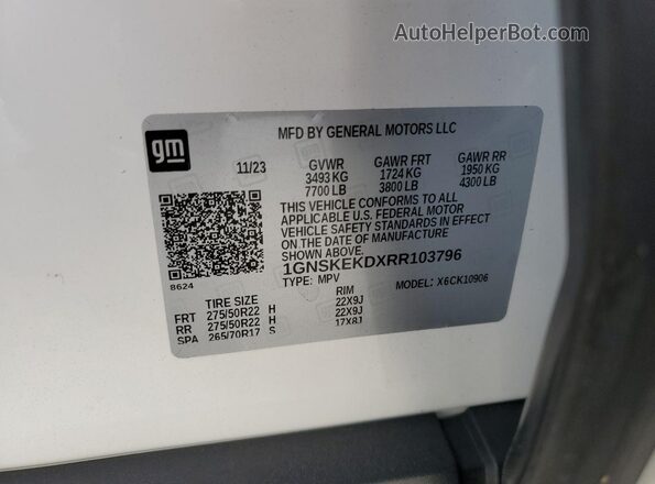 1GNSKEKDXRR103796 2024 CHEVROLET SUBURBAN Белый Вид наклейки с VIN-кодом