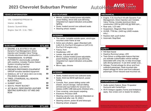 1GNSKFKD7PR538178 2023 CHEVROLET SUBURBAN White Widok naklejki z numerem VIN
