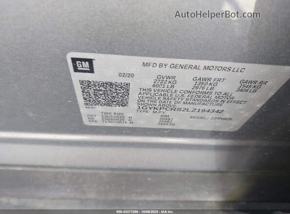 1GYKPCRS2LZ194342 2020 CADILLAC OTHER Серый Вид подкапотного пространства