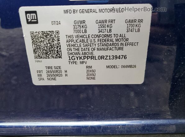 1GYKPPRL0RZ139476 2024 CADILLAC OTHER Blue Вид наклейки з VIN-кодом