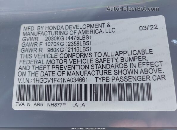 1HGCV1F41NA034661 2022 HONDA ACCORD Gray Вид підкапотного простору