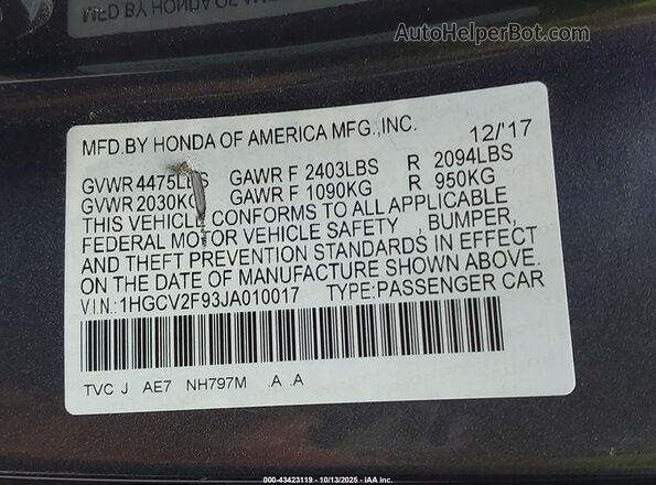1HGCV2F93JA010017 2018 HONDA ACCORD Серый Вид подкапотного пространства