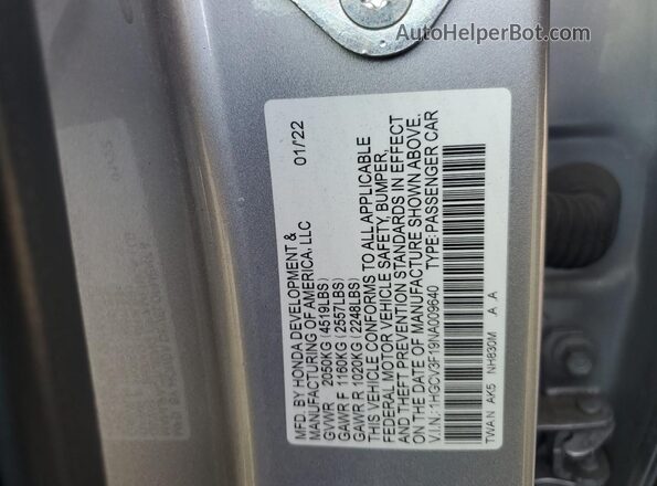 1HGCV3F19NA009640 2022 HONDA ACCORD Серебряный Вид наклейки с VIN-кодом