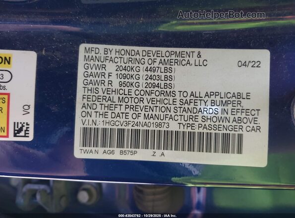 1HGCV3F24NA019873 2022 HONDA ACCORD HYBRID Синий Вид подкапотного пространства