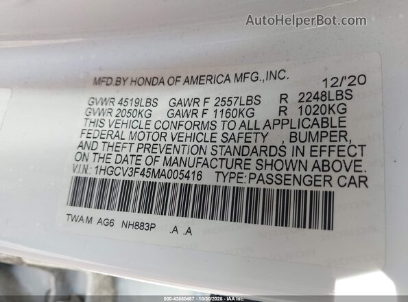1HGCV3F45MA005416 2021 HONDA ACCORD HYBRID Белый Вид подкапотного пространства