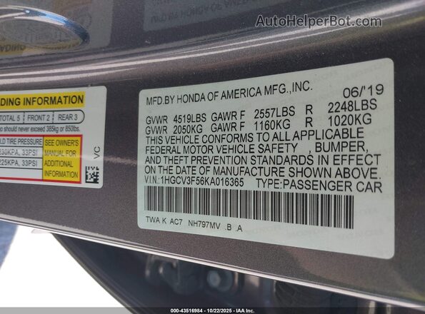 1HGCV3F56KA016365 2019 HONDA ACCORD HYBRID Gray Vista de la etiqueta del VIN