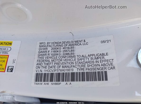 1HGCV3F57MA016619 2021 HONDA ACCORD HYBRID Белый Вид подкапотного пространства