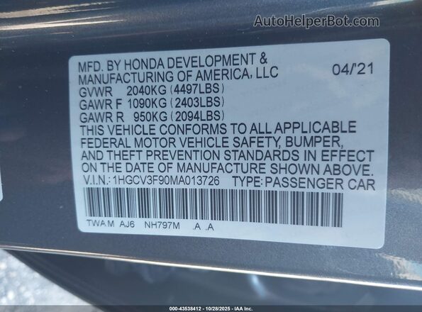 1HGCV3F90MA013726 2021 HONDA ACCORD HYBRID Серый Вид подкапотного пространства