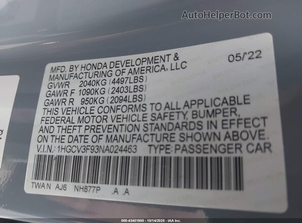 1HGCV3F93NA024463 2022 HONDA ACCORD HYBRID Gray Vista del compartimento del motor