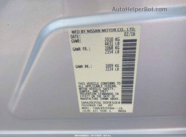 1N4AZ0CP2GC309504 2016 NISSAN LEAF Silver Widok komory silnika