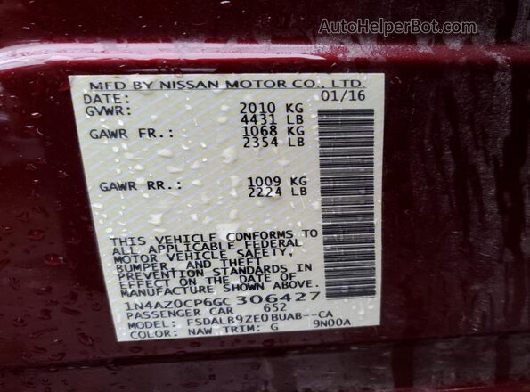 1N4AZ0CP6GC306427 2016 NISSAN LEAF Красный Вид наклейки с VIN-кодом