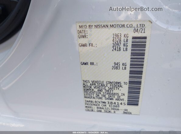 1N4BL4CV7MN384145 2021 NISSAN ALTIMA White Շարժիչի բաժամունքի տեսք
