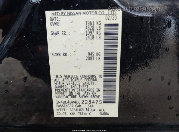 1N4BL4DV4LC228475 2020 NISSAN ALTIMA Черный Вид подкапотного пространства