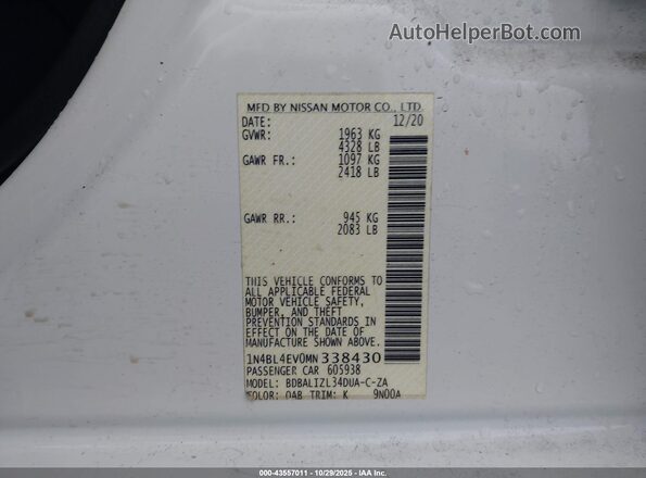 1N4BL4EV0MN338430 2021 NISSAN ALTIMA White Widok komory silnika