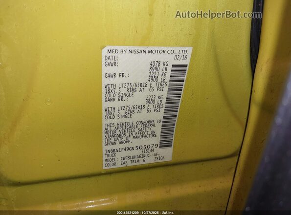 1N6BA1F49GN505079 2016 NISSAN TITAN XD Желтый Вид подкапотного пространства