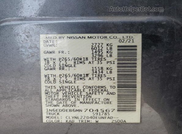 1N6ED0EB6MN704567 2021 NISSAN FRONTIER Gray Widok naklejki z numerem VIN
