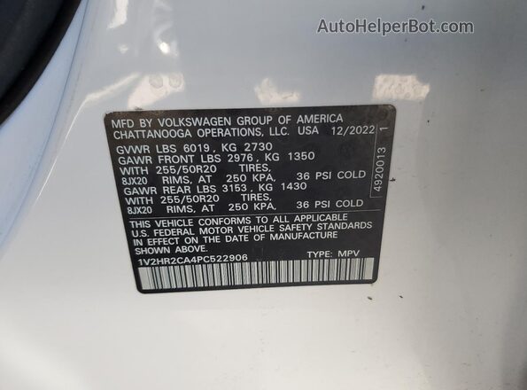 1V2HR2CA4PC522906 2023 VOLKSWAGEN ATLAS White VIN კოდის სტიკერის ხედი