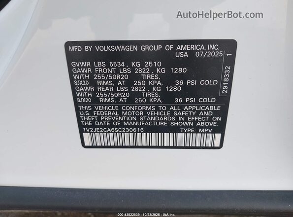 1V2JE2CA6SC230616 2025 VOLKSWAGEN ATLAS Белый Вид подкапотного пространства