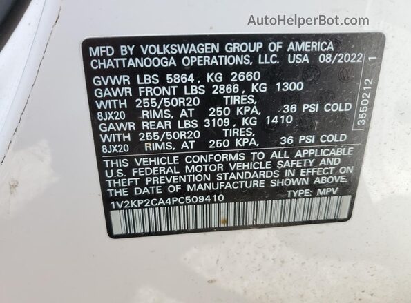 1V2KP2CA4PC509410 2023 VOLKSWAGEN ATLAS White VIN sticker view