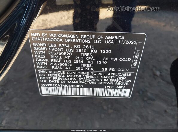 1V2PR2CA3MC546380 2021 VOLKSWAGEN ATLAS Черный Вид подкапотного пространства