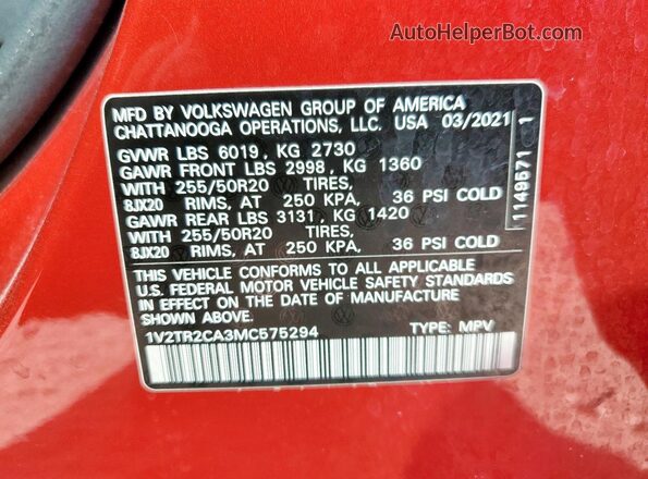 1V2TR2CA3MC575294 2021 VOLKSWAGEN ATLAS Красный Вид наклейки с VIN-кодом