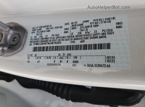 1FMCU0H67NUB78283 2022 FORD ESCAPE Белый Панорамный вид салона 360°