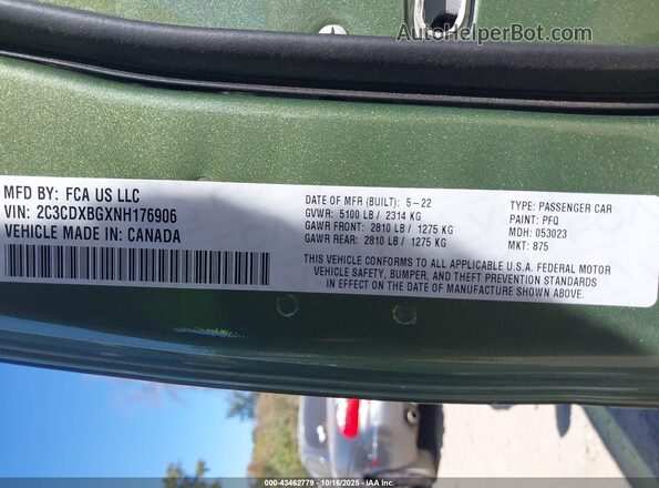 2C3CDXBGXNH176906 2022 DODGE CHARGER Зеленый Вид подкапотного пространства