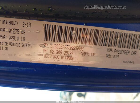 2C3CDZAG3JH226892 2018 DODGE CHALLENGER Синий Вид подкапотного пространства