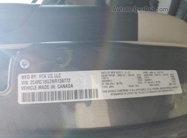 2C4RC1BG2NR136772 2022 CHRYSLER PACIFICA Серый Вид наклейки с VIN-кодом