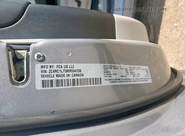 2C4RC1L73MR594706 2021 CHRYSLER PACIFICA Silver Вид наклейки з VIN-кодом