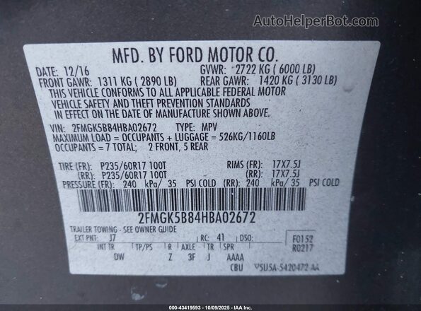 2FMGK5B84HBA02672 2017 FORD FLEX Gray ძრავის განყოფილების ხედი
