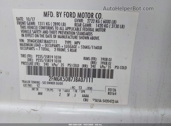 2FMGK5D87JBA07111 2018 FORD FLEX Белый Вид подкапотного пространства