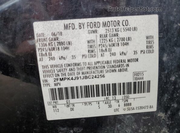 2FMPK4J91JBC24256 2018 FORD EDGE Черный Вид наклейки с VIN-кодом