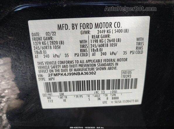 2FMPK4J99NBA36302 2022 FORD EDGE Black ძრავის განყოფილების ხედი