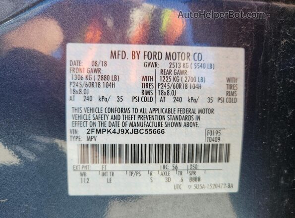 2FMPK4J9XJBC55666 2018 FORD EDGE Синий Вид наклейки с VIN-кодом