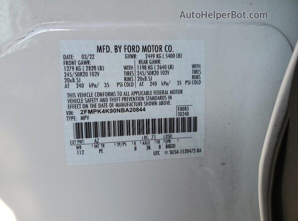 2FMPK4K90NBA20844 2022 FORD EDGE White 360 interior view