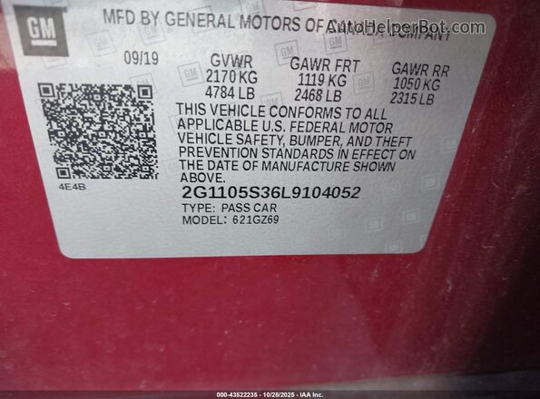 2G1105S36L9104052 2020 CHEVROLET IMPALA Red Вид підкапотного простору
