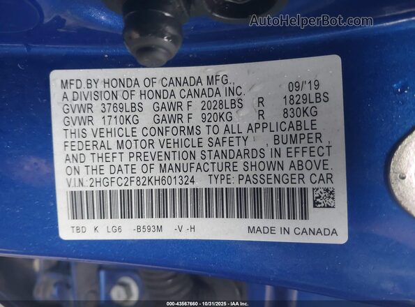 2HGFC2F82KH601324 2019 HONDA CIVIC Синий Вид подкапотного пространства