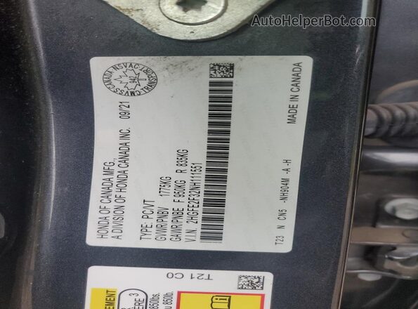 2HGFE2F32NH111551 2022 HONDA CIVIC Gray ძრავის განყოფილების ხედი