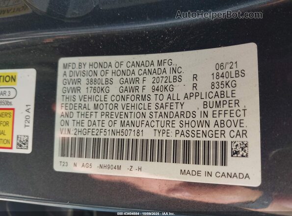2HGFE2F51NH507181 2022 HONDA CIVIC Серый Вид подкапотного пространства