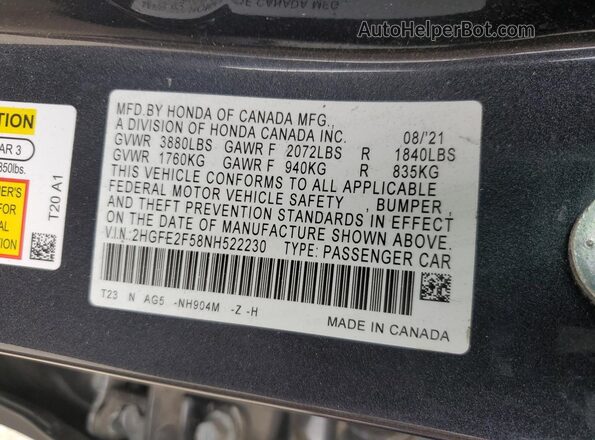 2HGFE2F58NH522230 2022 HONDA CIVIC Угольный Вид подкапотного пространства