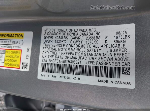 2HGFE4F80TH306021 2026 HONDA CIVIC HYBRID Gray Engine compartment view