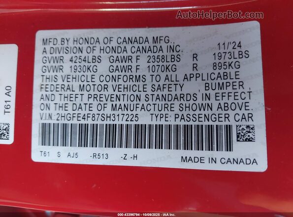 2HGFE4F87SH317225 2025 HONDA CIVIC HYBRID Red Vista del compartimento del motor