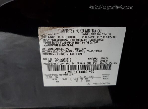 2LMHJ5AT1KBL01979 2019 LINCOLN MKT Black Vista de la etiqueta del VIN